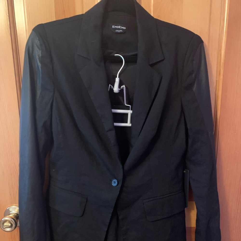 Bebe crepe blazer size 8 and matching skirt with faux leather stripes size 10